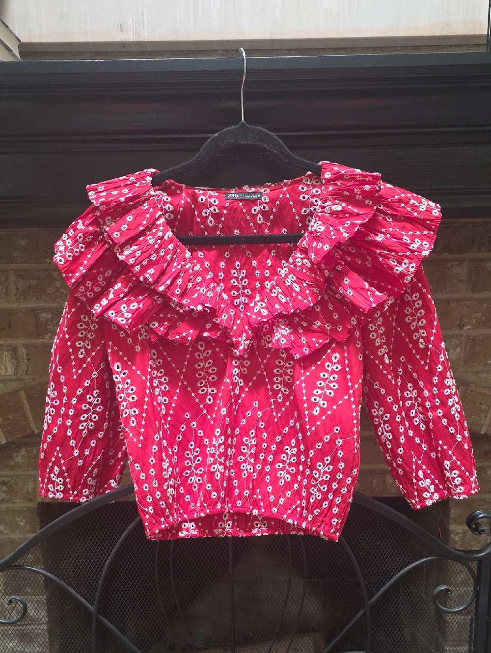 Zara Red Ruffled Eyelet Blouse